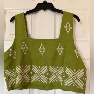 NWT Calypso St. Barth linen Blend Olive cropped embroidered top. Size Large